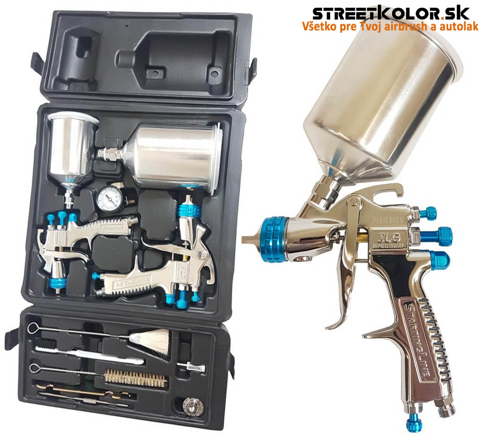 DeVilbiss SLG-620 1,3mm + 2,5mm tryska + DeVilbiss SLG 1,0mm, kefky, manometer
