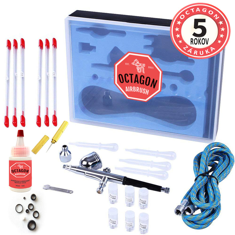 !!! MEGA AKCIA !!! Airbrush pištoľ OCTAGON BETA, 6 x tryska, 6 x ihla, pipety, mazivo, tesnenia