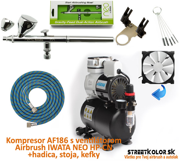 Airbrush set: Kompresor AF-186 a pištoľ IWATA NEO HP-CN + hadica + stojan+kefky